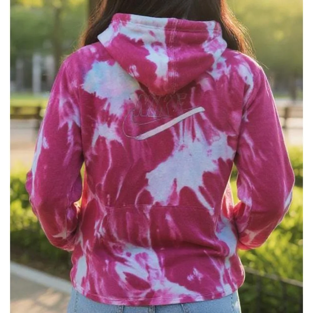 LARGE NIKE Reclaimed Hand-Dyed Hoodie – Vibrant Tie-Dye in Pink and Blue